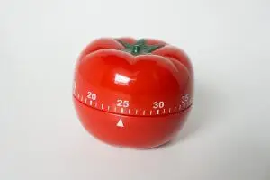 Close up view of mechanical tomato shaped kitchen clock timer for cooking & studying. Used for pomodoro technique for time and productivity management. Isolated on white background, set at 25